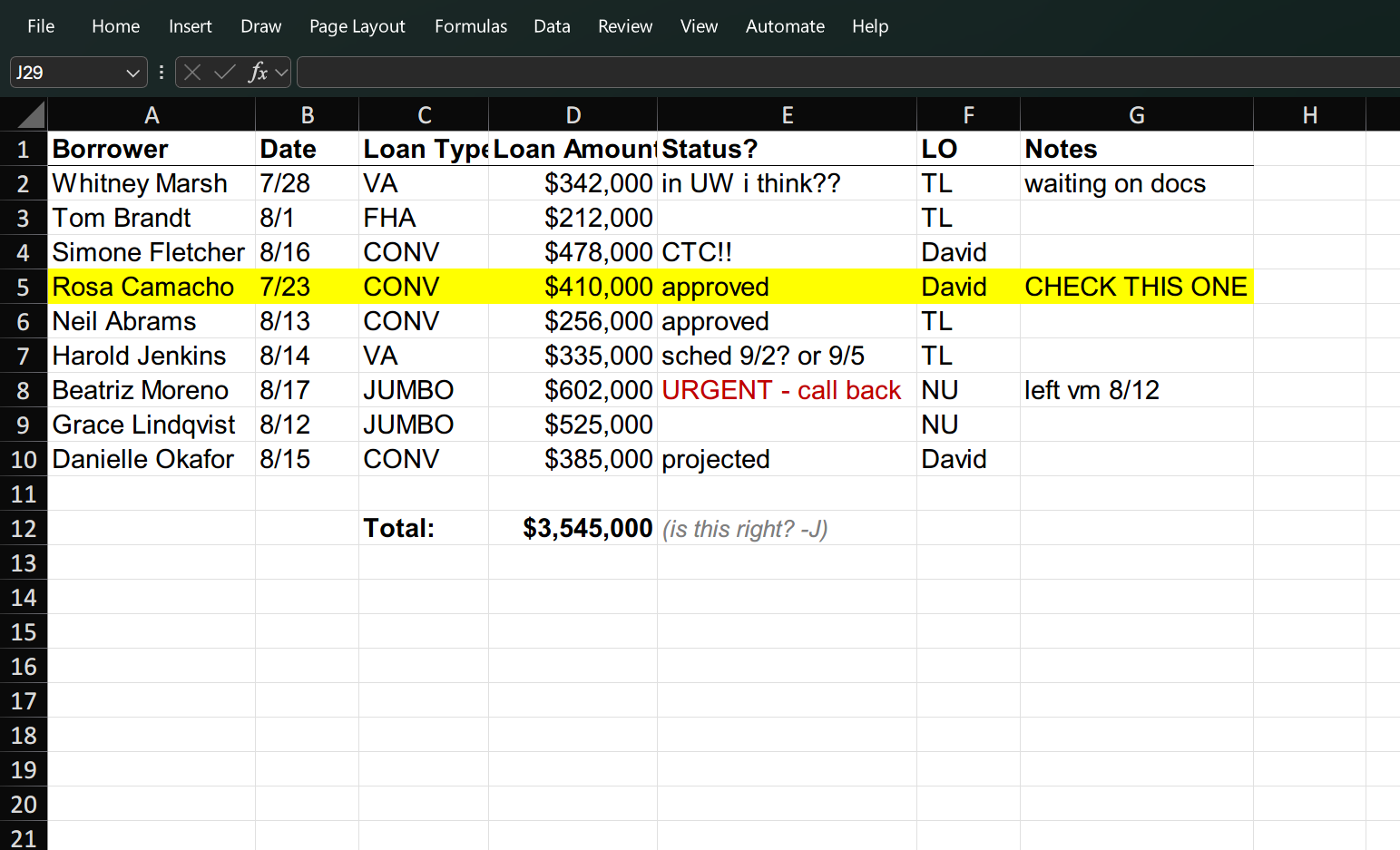Pipeline tracked by hand in an Excel spreadsheet